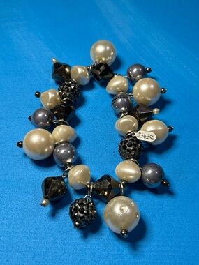 Treska Pearl and Black Crystal Charm Bracelet